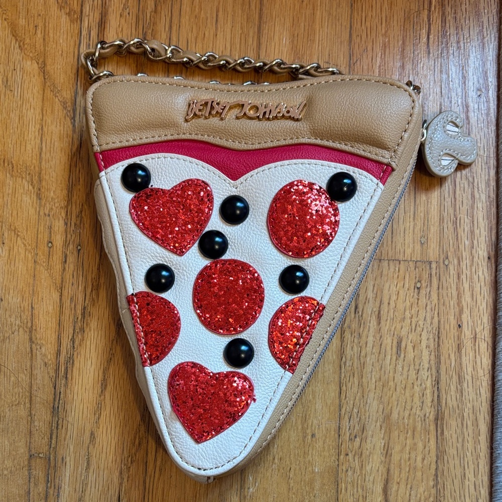 Betsey Johnson Red and Tan Heart Pizza Wristlet